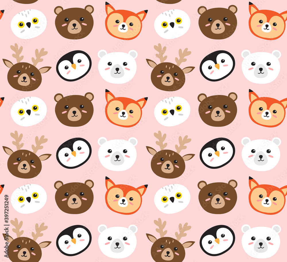 Vector seamless pattern of flat cartoon doodle wild animal face isolated on pink background