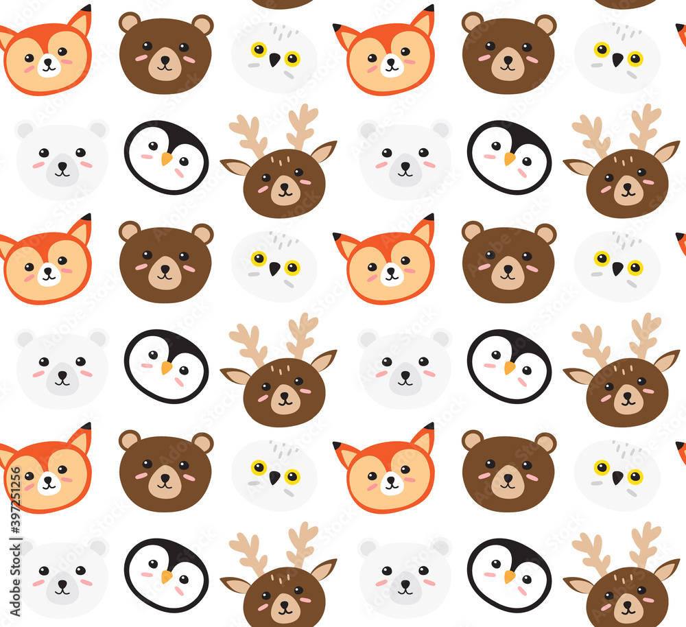 Vector seamless pattern of flat cartoon doodle wild animal face isolated on white background Vector seamless pattern of flat cartoon doodle wild animal face isolated on white background