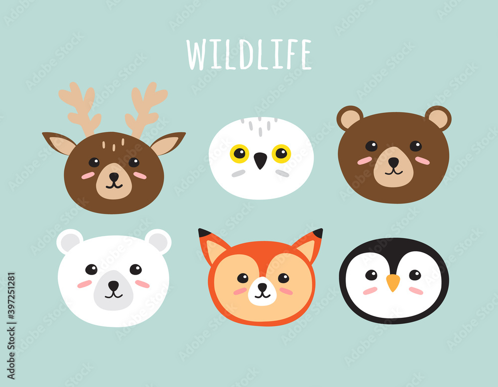 Vector set bundle of flat cartoon doodle wild animal face isolated on mint background Vector set bundle of flat cartoon doodle wild animal face isolated on mint background