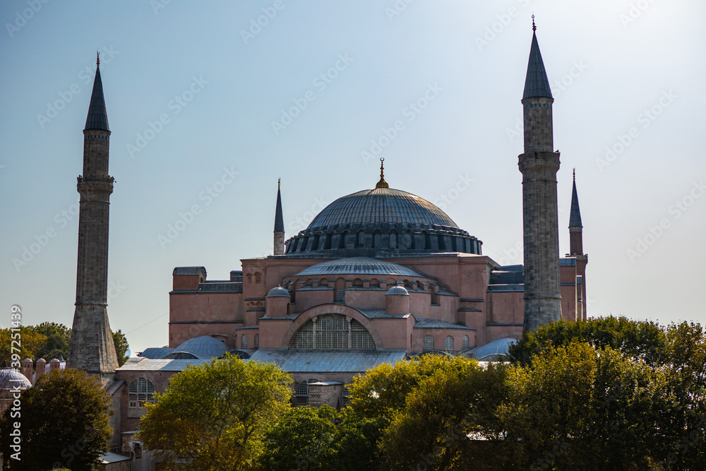 Naklejka premium Istanbul, Turkey - September 2020:.Hagia Sophia or Ayasofya is the former Greek Orthodox Christian patriarchal cathedral, later an Ottoman imperial mosque and museum and one of seven wonders.
