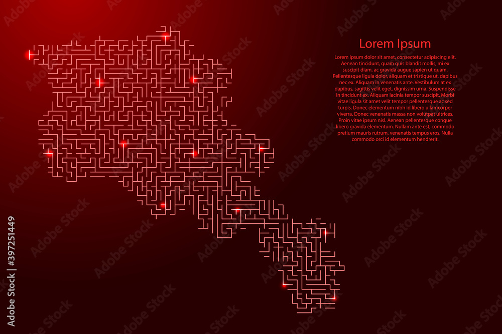 Armenia map from red pattern of the maze grid and glowing space stars grid. Vector illustration.