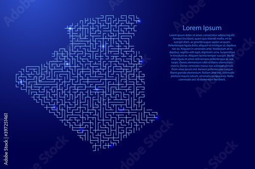 Algeria map from blue pattern of the maze grid and glowing space stars grid. Vector illustration.