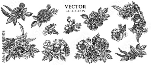 Flower bouquet of black and white poppy flower, gerbera, sunflower, milkweed, dahlia, veronica