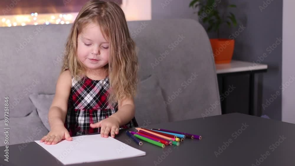 charming little blonde girl in red checkered dress painting with colorful pencils. childhood, toddler, daughter. Full HD footage. charming little blonde girl in red checkered dress painting with colorful pencils. childhood, toddler, daughter. Full HD footage.