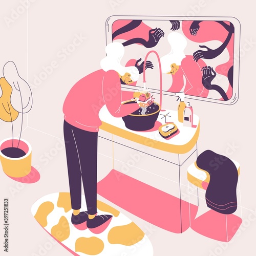 Woman with OCD cleaning her hands. Obsessive compulsive disorder and depressed character at bathroom
