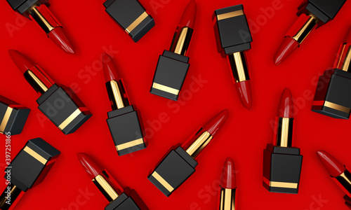 Lipstick. Fashion Colorful Lipsticks on red background. Lipstick tints palette, Professional Makeup and Beauty. Beautiful Make-up concept. Lipgloss. Lipsticks closeup. 3d rendering.