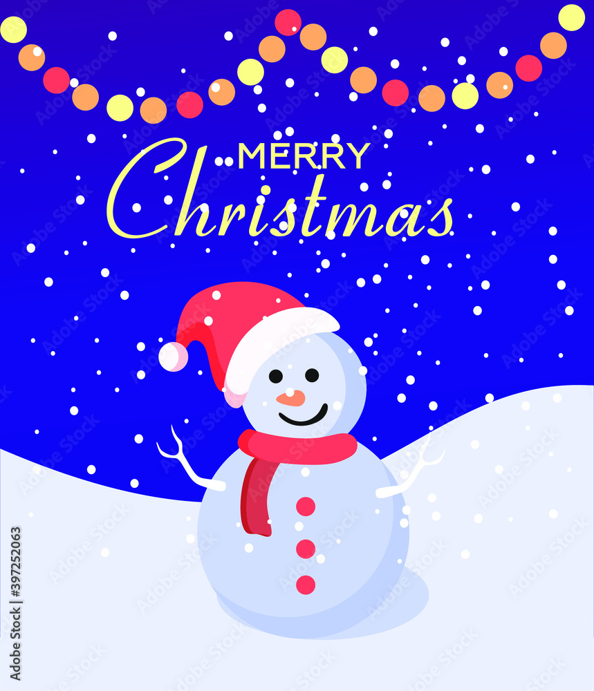 Christmas card with a snowman, garlands and snowfall. Vector flat illustration Christmas card with a snowman, garlands and snowfall. Vector flat illustration