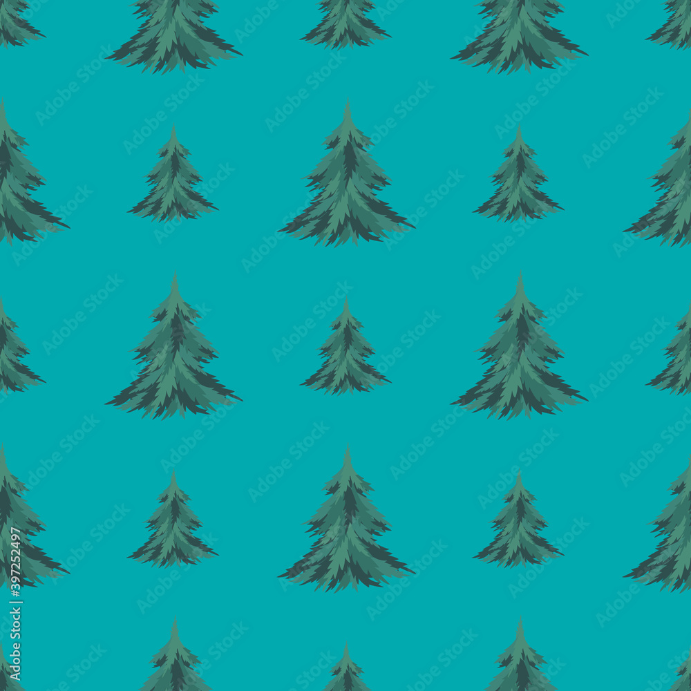 Evergreen fir seamless pattern on blue background. Vector illustration for festive design, packaging, wallpaper, fabric, textile, stationery, accessories.