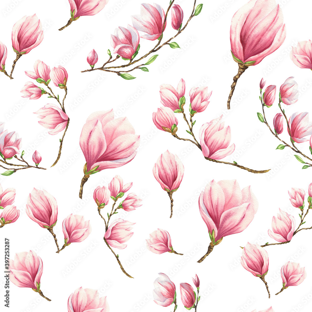 Watercolor pink magnolia seamless floral pattern, watercolour repeating background.