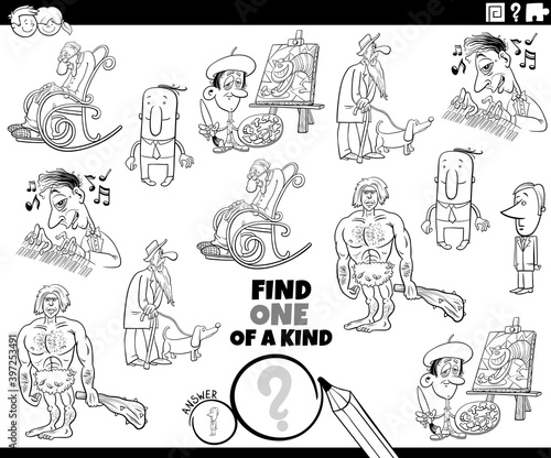 one of a kind task with cartoon people coloring book page
