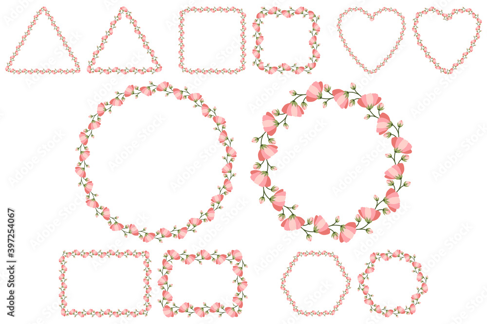 Wedding invitation template with pink flower wreath for celebration design. Floral greeting card. Flat vector drawing style. Six shape of frame