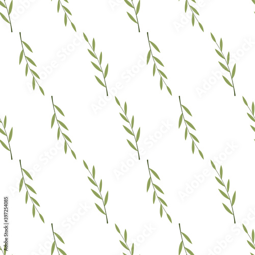 Green leaf branch seamless pattern for decoration design. Tropical nature. Vector drawing. Fantasy backdrop. Botanical art.
