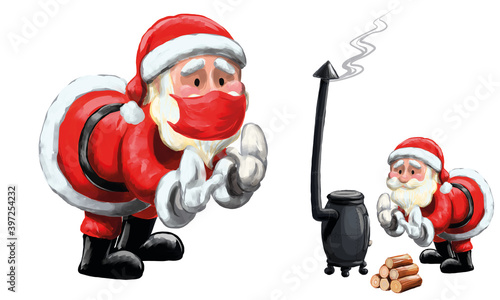 Ilustração Vetorial do Papai Noel com e sem máscara de proteção contra covid19 em fundo transparente