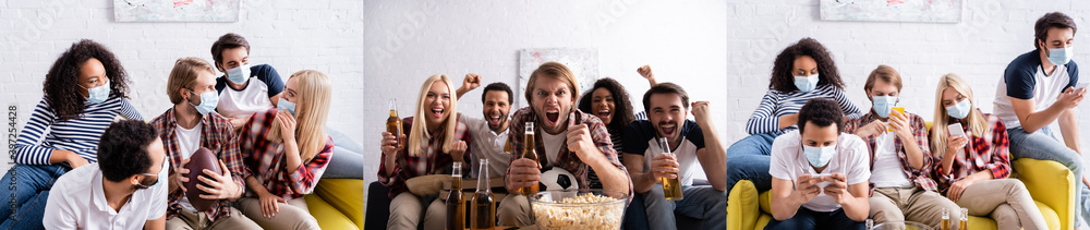 collage of multicultural friends in medical masks chatting on smartphones, and emotional sports fans watching championship, banner collage of multicultural friends in medical masks chatting on smartphones, and emotional sports fans watching championship, banner