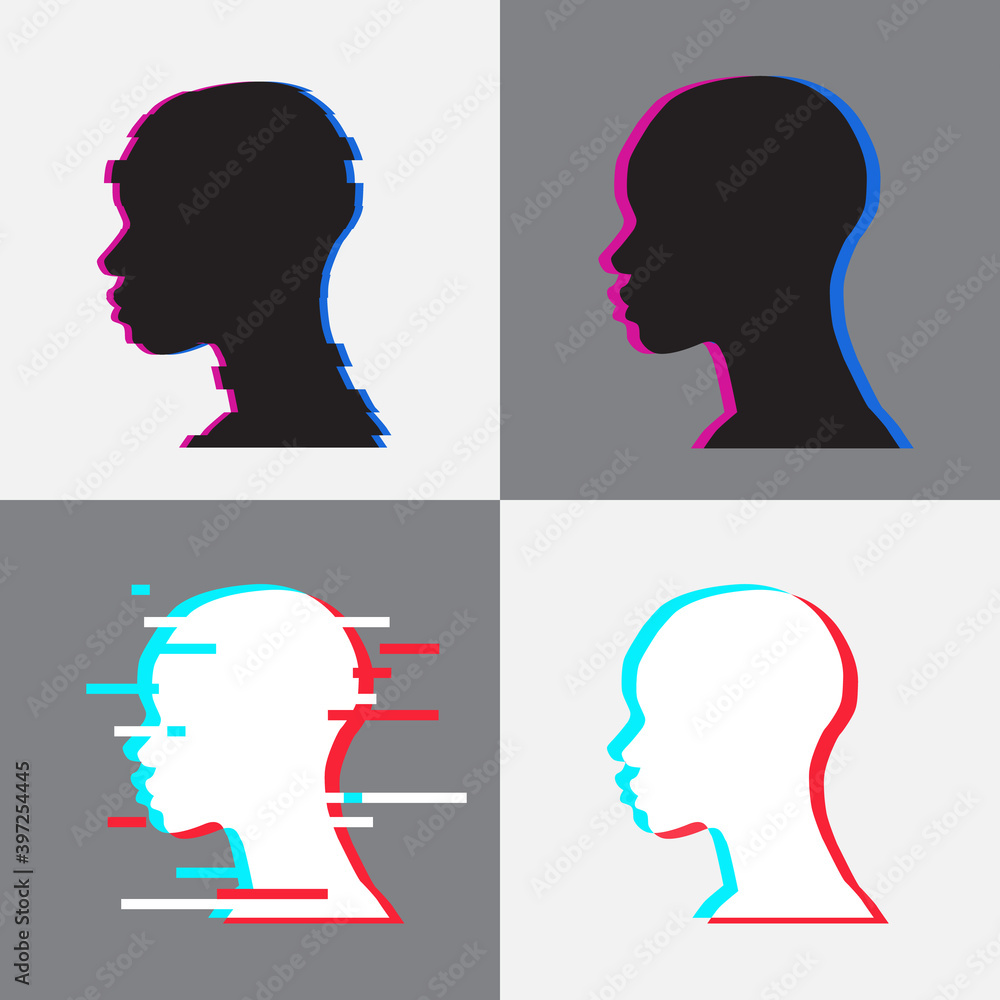 African American Race Face Profile Silhouette Glitch Effect - Set of Four Faces Icons in Profile Different Colors Vector Illustration