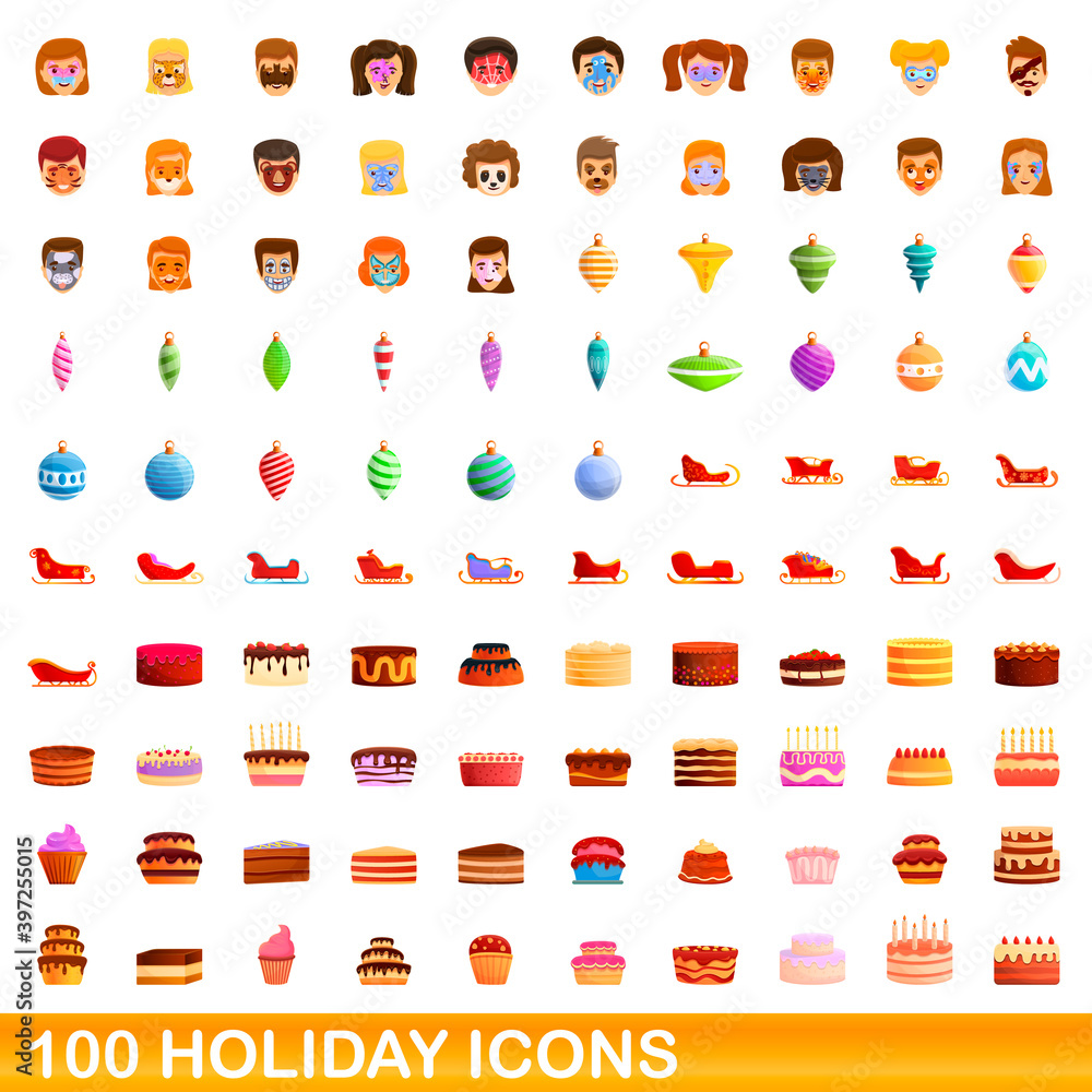 Naklejka premium 100 holiday icons set. Cartoon illustration of 100 holiday icons vector set isolated on white background