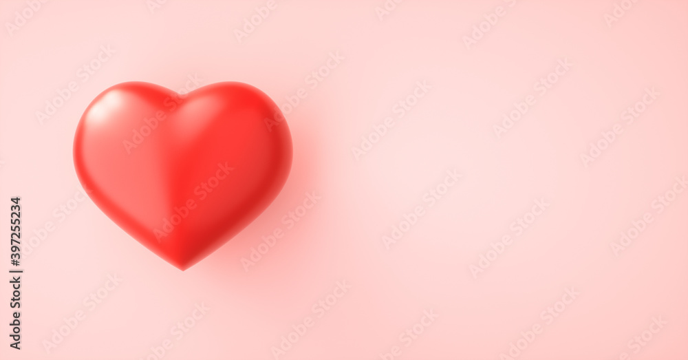 Red love heart on pink paper background with copy space. 3d render