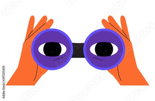 Hands hold binoculars and look through them. Vector illustration for search engine or research, web surfing. Trendy outline vector cartoon element for web, ui or application design.