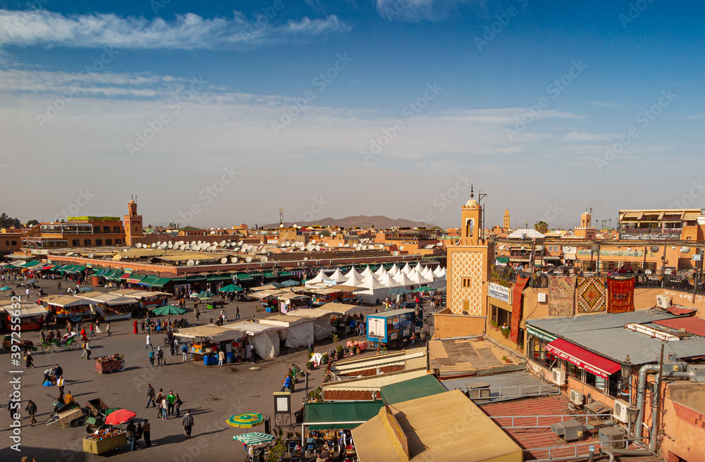 Jemaa el-Fnaa, central square in Marrekesh, Morocco