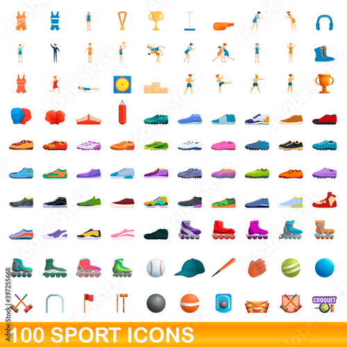 100 sport icons set. Cartoon illustration of 100 sport icons vector set isolated on white background