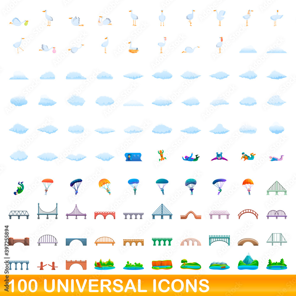 100 universal icons set. Cartoon illustration of 100 universal icons vector set isolated on white background 100 universal icons set. Cartoon illustration of 100 universal icons vector set isolated on white background