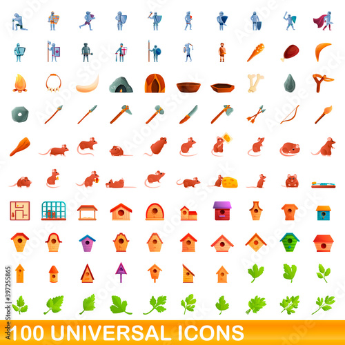 100 universal icons set. Cartoon illustration of 100 universal icons vector set isolated on white background