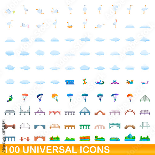 100 universal icons set. Cartoon illustration of 100 universal icons vector set isolated on white background