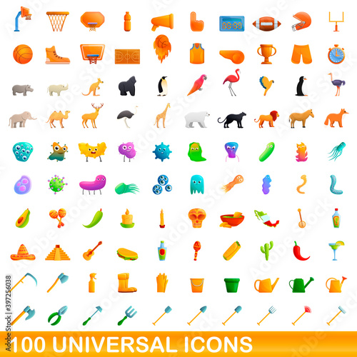 Fototapeta Naklejka Na Ścianę i Meble -  100 universal icons set. Cartoon illustration of 100 universal icons vector set isolated on white background