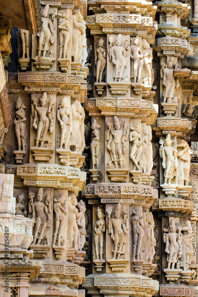 Sculptures carved on the facade of Khajuraho Hindu temples, India	
