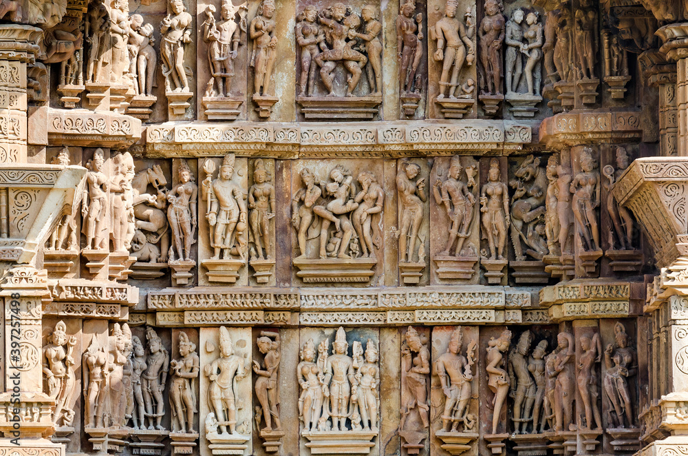 Sculptures carved on the facade of Khajuraho Hindu temples, India	
