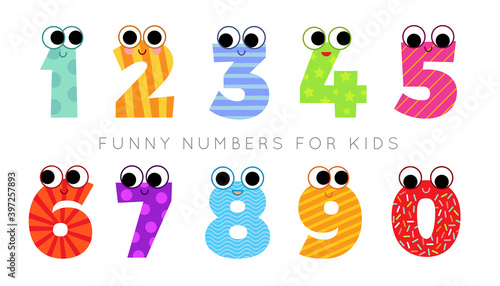Colored funny vector cartoon numbers for kids. Set of 0-9 bright digit baby icons
