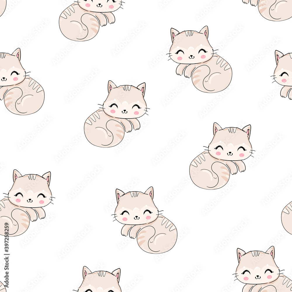 Cute hand drawn Cat pattern seamless. Vector illustration. Print Textile design.