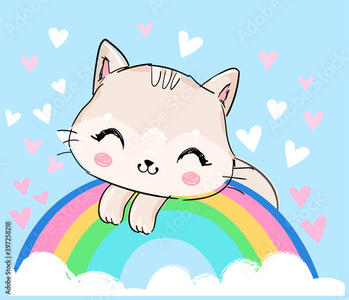 Hand drawn cat and rainbow cartoon character vector illustration childish design print on t-shirt. © Alsu Art