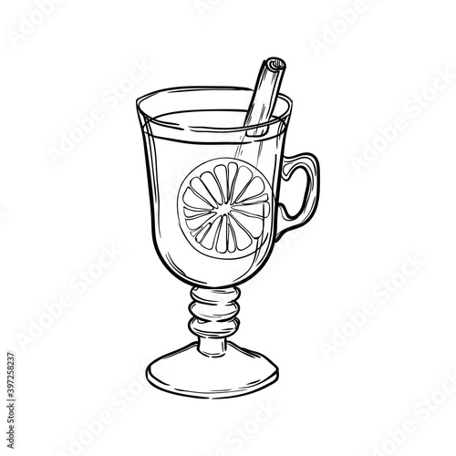 Glass with mulled wine isolated on white background. Hand-drawn vector illustration.