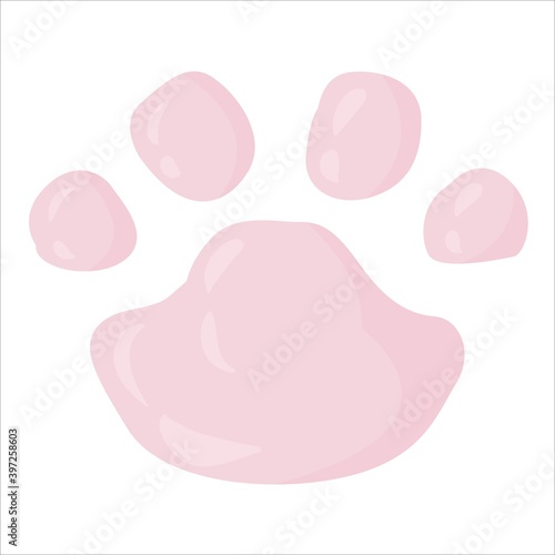 A cat or dog paw print filled with patterns. Animal footprint. Accessories for pets. An element from a set of doodles drawn by hand. Isolated illustration on a white background.