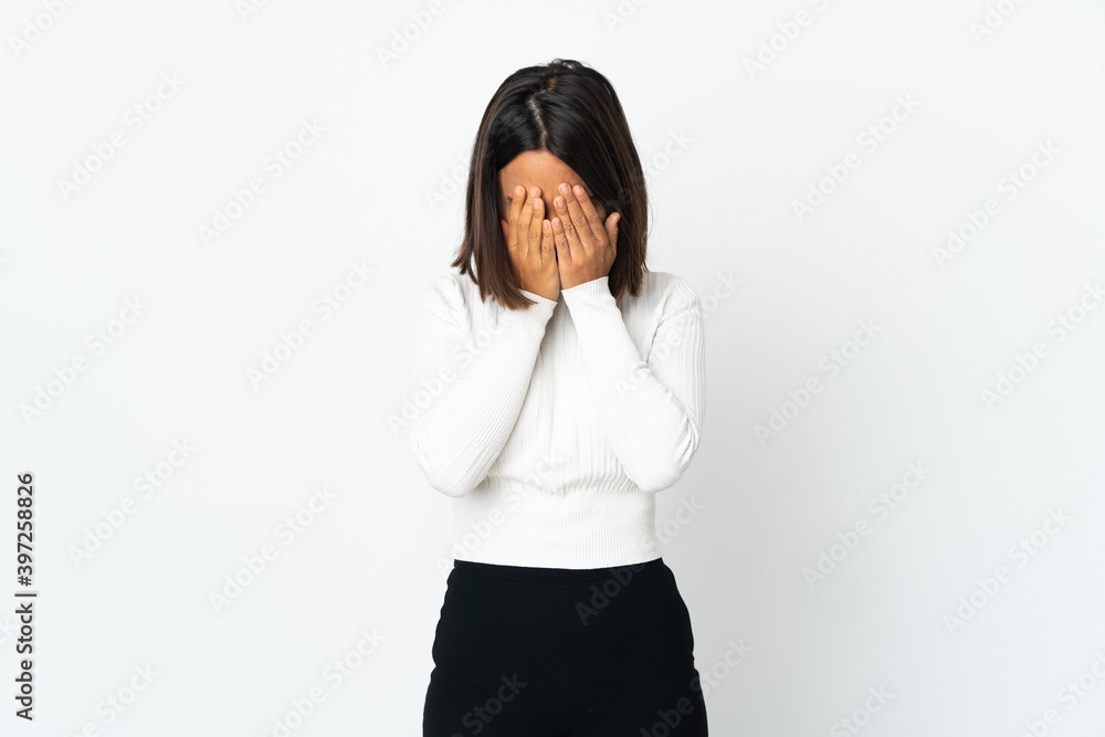 Young latin woman isolated on white background with tired and sick expression Young latin woman isolated on white background with tired and sick expression