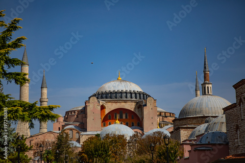 Istanbul, Turkey - September 2020:.Hagia Sophia or Ayasofya is the former Greek Orthodox Christian patriarchal cathedral, later an Ottoman imperial mosque and museum and one of seven wonders.