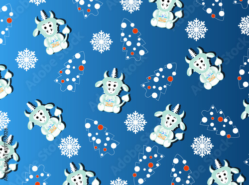 Christmas tree and snowflakes and bull on the blue gradient background