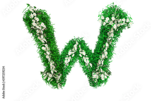 Letter W of Green Grass And Flowers. 3d rendering