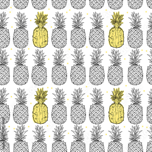 Pineapple fruits seamless pattern. Whole and half of the fruit on a white background. Doodle black outline style.