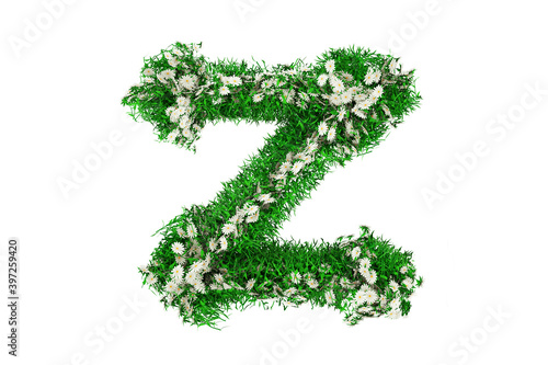 Letter Z of Green Grass And Flowers. 3d rendering