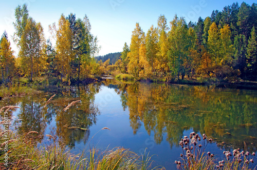 In the still surface of the water of the amazing lake, trees and the sky are reflected as in a mirror.