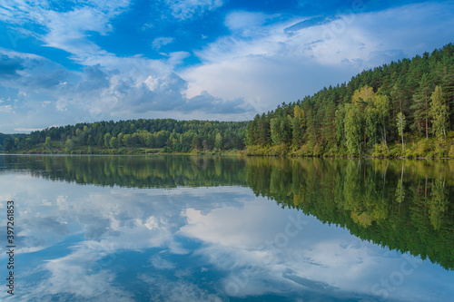 Reflection of trees in mirror of lake