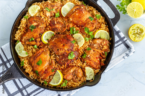 One Pot Spanish Chicken and Rice in a Skillet Top Down Photo