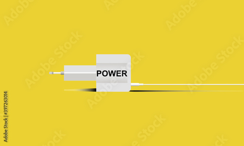 Weißer Netzstecker mit Kabel rechts vor gelten Hintergrund