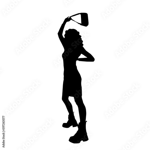 Female black silhouette of fashion trendy stylish curly hair woman in mini dress holding a purse