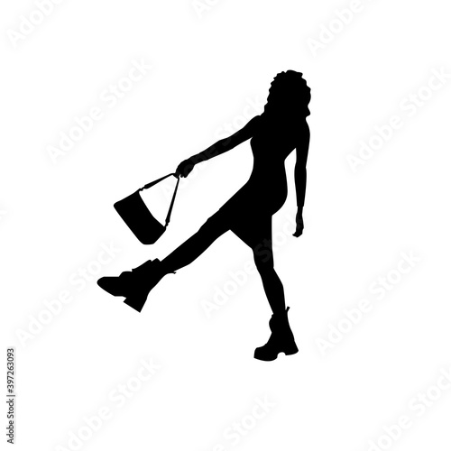 Female black silhouette of fashion trendy stylish curly hair woman in mini dress holding a purse
