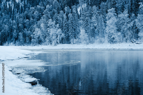 Icy shore of lake with snowy forest. Cold weather, frozen riverbed due to sharp cold snap © Koirill