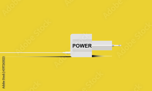 Weißer Netzstecker mit Kabel links vor gelben Hintergrund