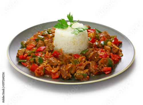 sac kavurma, turkish sauteed spiced lamb and vegetables isolated on white background